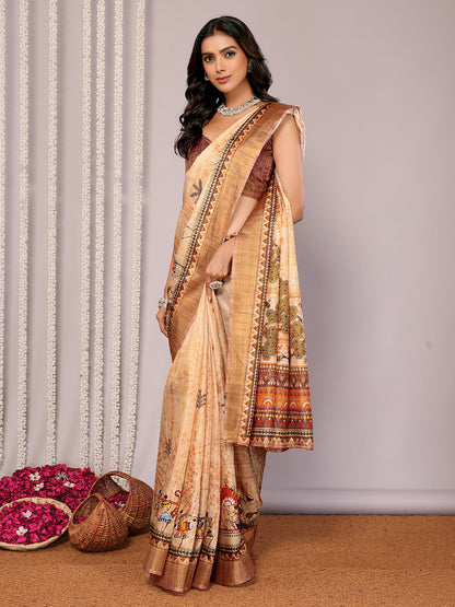 Beige Chanderi Silk Warli Print Printed Chanderi Saree with Blouse Piece
