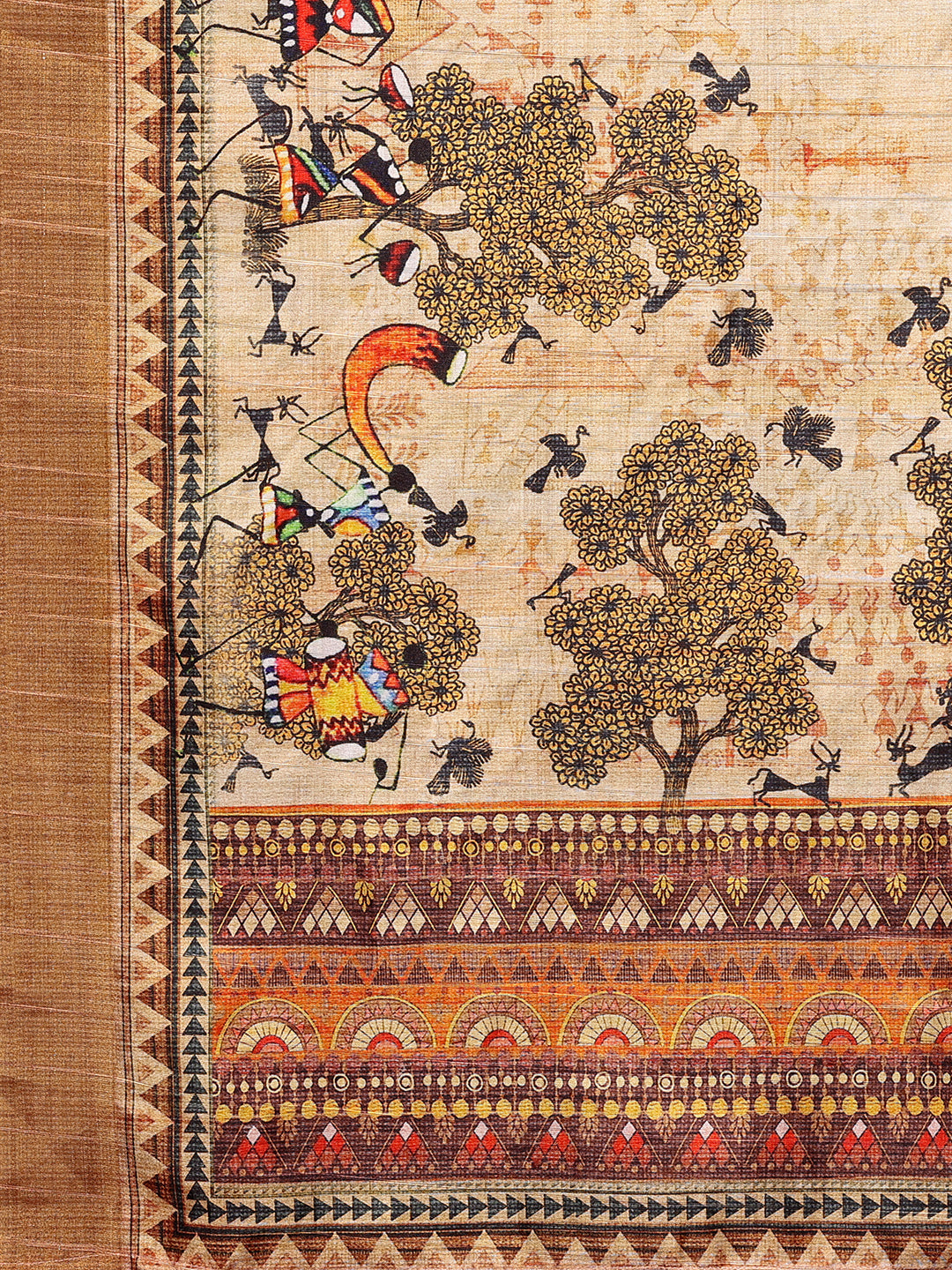 Beige Chanderi Silk Warli Print Printed Chanderi Saree with Blouse Piece