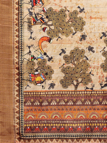 Beige Chanderi Silk Warli Print Printed Chanderi Saree with Blouse Piece