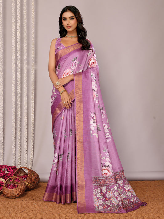 Purple Chanderi Silk Floral Printed Chanderi Saree with Blouse Piece