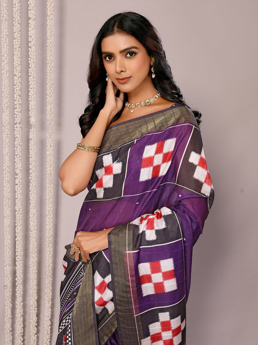 Purple Chanderi Silk Geometric Printed Saree with Blouse Piece