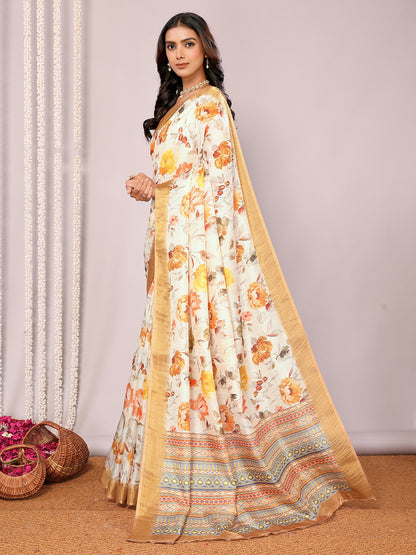 Cream Chanderi Silk Floral Printed Chanderi Saree with Blouse Piece
