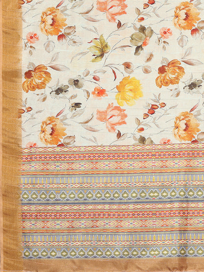 Cream Chanderi Silk Floral Printed Chanderi Saree with Blouse Piece