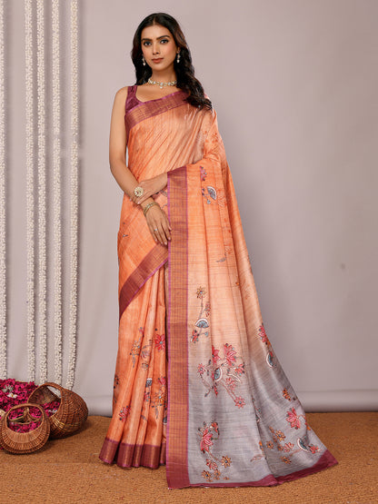 Beige Chanderi Silk Floral Printed Chanderi Saree with Blouse Piece