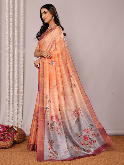 Beige Chanderi Silk Floral Printed Chanderi Saree with Blouse Piece