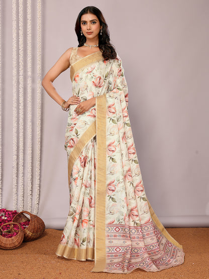 Cream Chanderi Silk Floral Printed Chanderi Saree with Blouse Piece