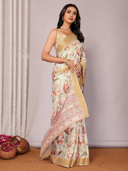 Cream Chanderi Silk Floral Printed Chanderi Saree with Blouse Piece