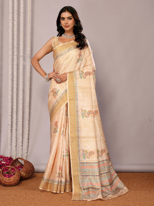 Beige Chanderi Silk Paisley Printed Chanderi Saree with Blouse Piece