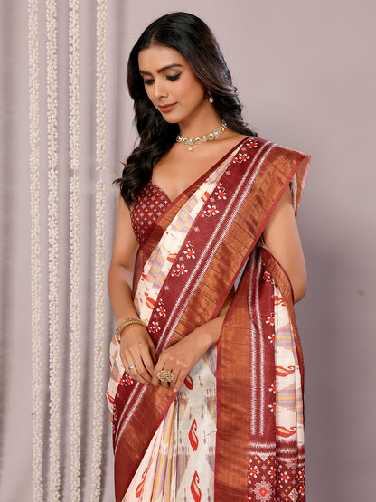 Cream Chanderi Silk Ikkat Printed Chanderi Saree with Blouse Piece