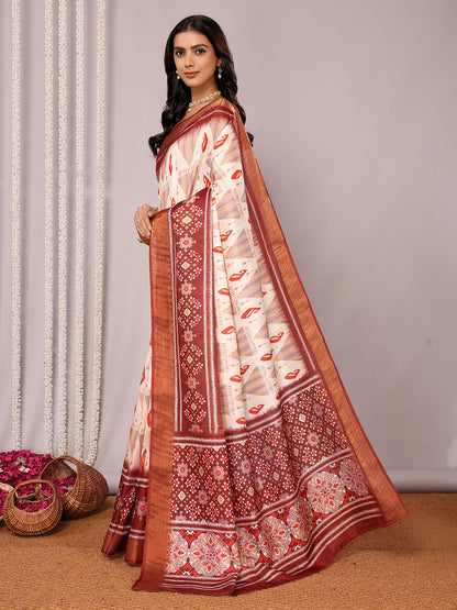 Cream Chanderi Silk Ikkat Printed Chanderi Saree with Blouse Piece