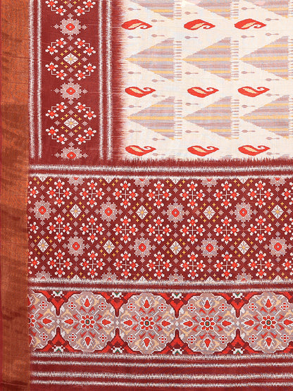 Cream Chanderi Silk Ikkat Printed Chanderi Saree with Blouse Piece