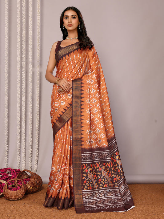 Orange Chanderi Silk Ikkat Printed Chanderi Saree with Blouse Piece