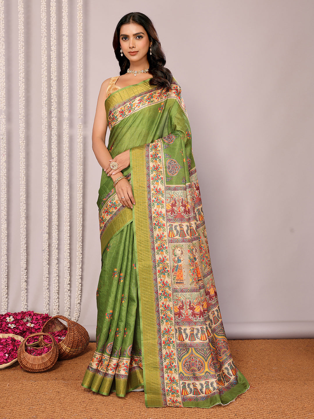 Green Chanderi Silk Kalamkari Printed Kalamkari Saree with Blouse Piece