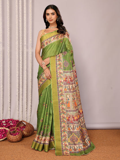 Green Chanderi Silk Kalamkari Printed Kalamkari Saree with Blouse Piece