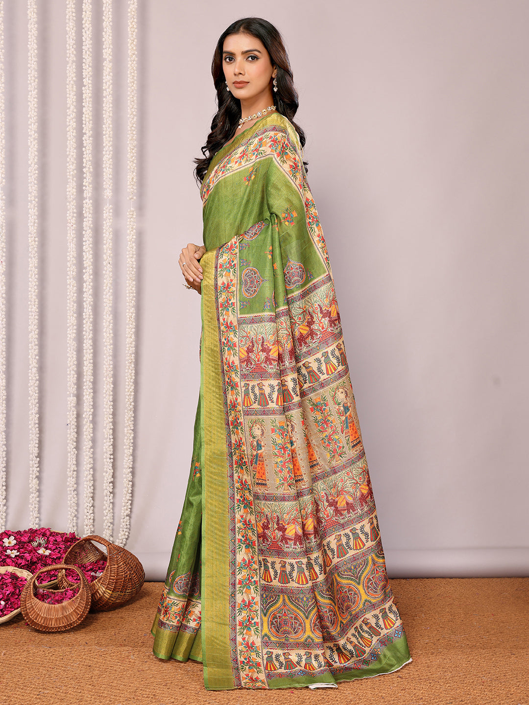 Green Chanderi Silk Kalamkari Printed Kalamkari Saree with Blouse Piece