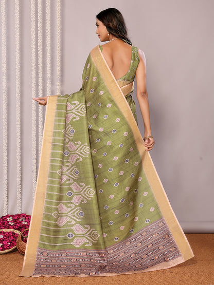 Green Chanderi Silk Ikkat Printed Chanderi Saree with Blouse Piece