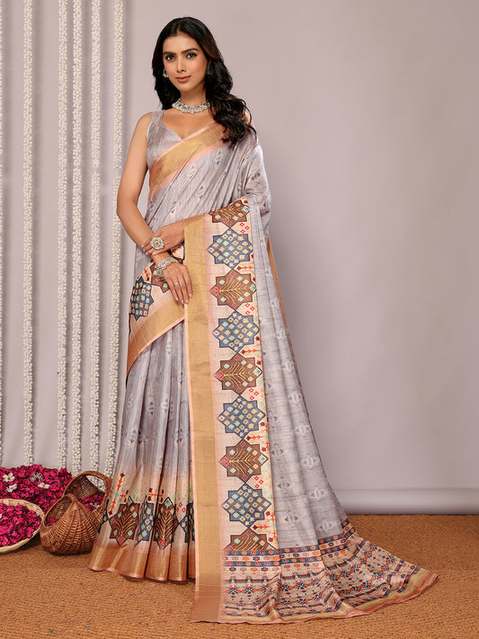 Beige Chanderi Silk Ethnic Print Printed Chanderi Saree with Blouse Piece