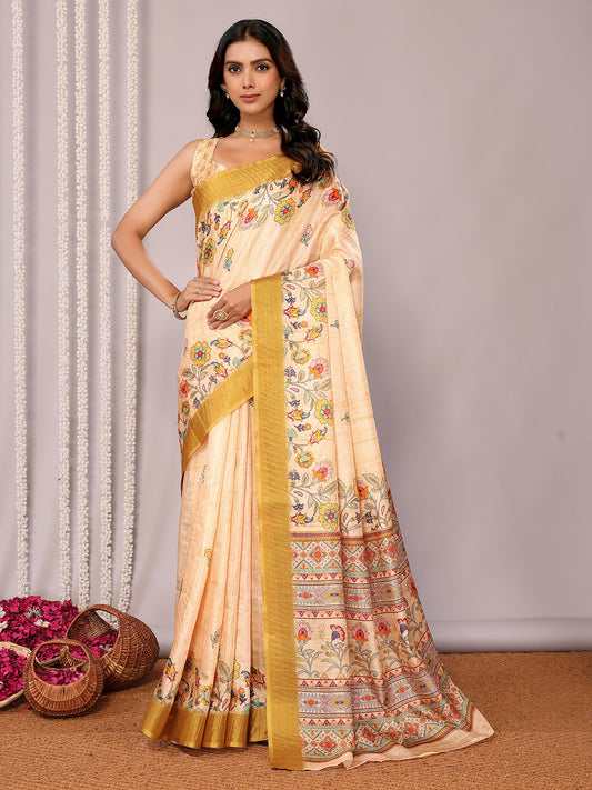 Beige Chanderi Silk Floral Printed Chanderi Saree with Blouse Piece