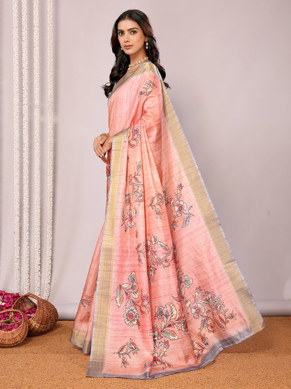 Peach Chanderi Silk Floral Printed Chanderi Saree with Blouse Piece