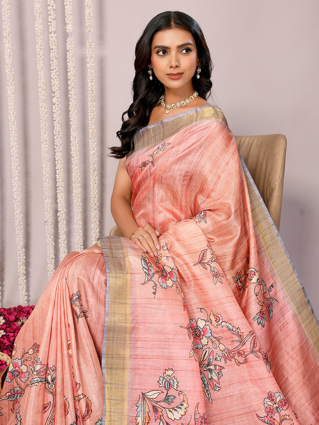 Peach Chanderi Silk Floral Printed Chanderi Saree with Blouse Piece
