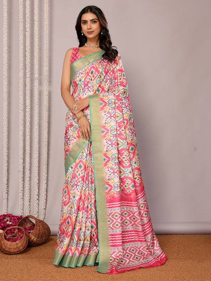 Pink Chanderi Silk Ikkat Printed Chanderi Saree with Blouse Piece