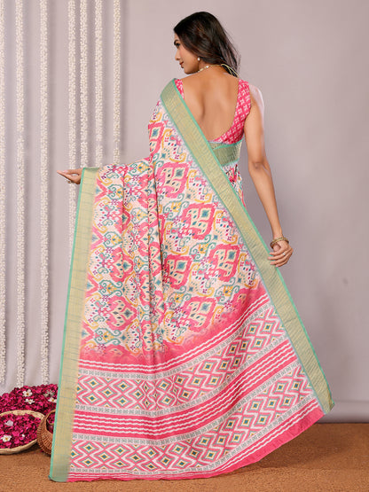 Pink Chanderi Silk Ikkat Printed Chanderi Saree with Blouse Piece