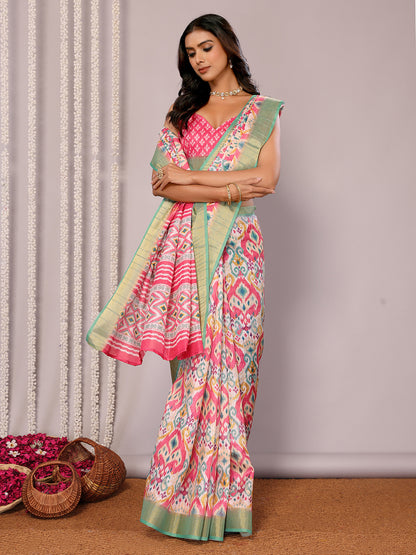 Pink Chanderi Silk Ikkat Printed Chanderi Saree with Blouse Piece