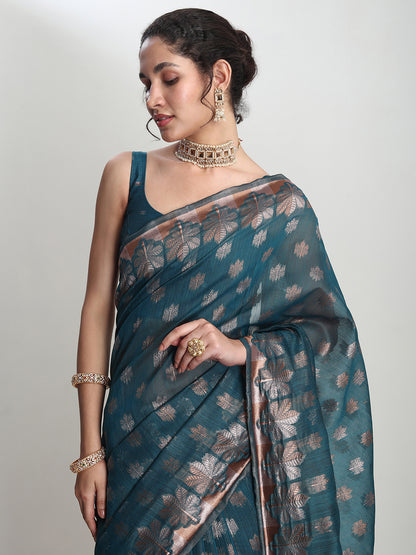 Janasya Women's Teal Blue Linen Blend Floral Woven Design Jacquard Saree with Blouse Piece