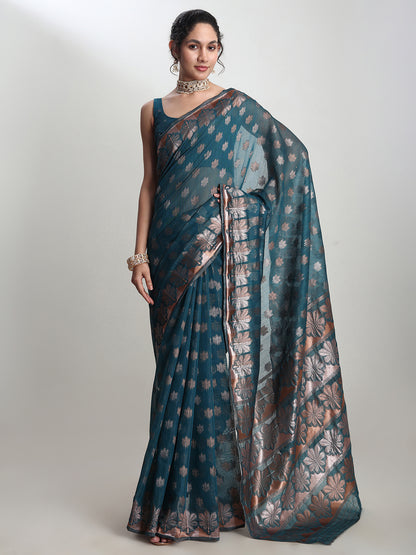 Janasya Women's Teal Blue Linen Blend Floral Woven Design Jacquard Saree with Blouse Piece