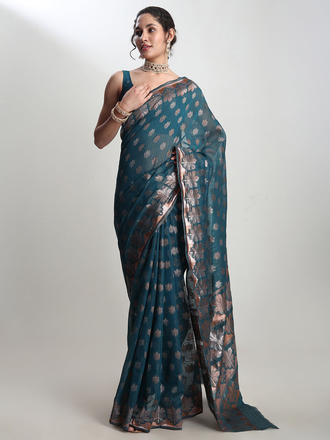 Janasya Women's Teal Blue Linen Blend Floral Woven Design Jacquard Saree with Blouse Piece
