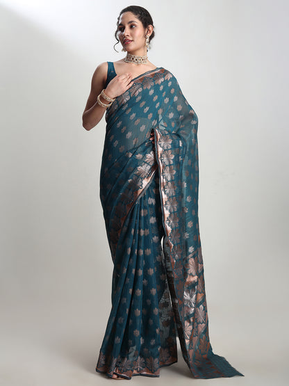 Janasya Women's Teal Blue Linen Blend Floral Woven Design Jacquard Saree with Blouse Piece