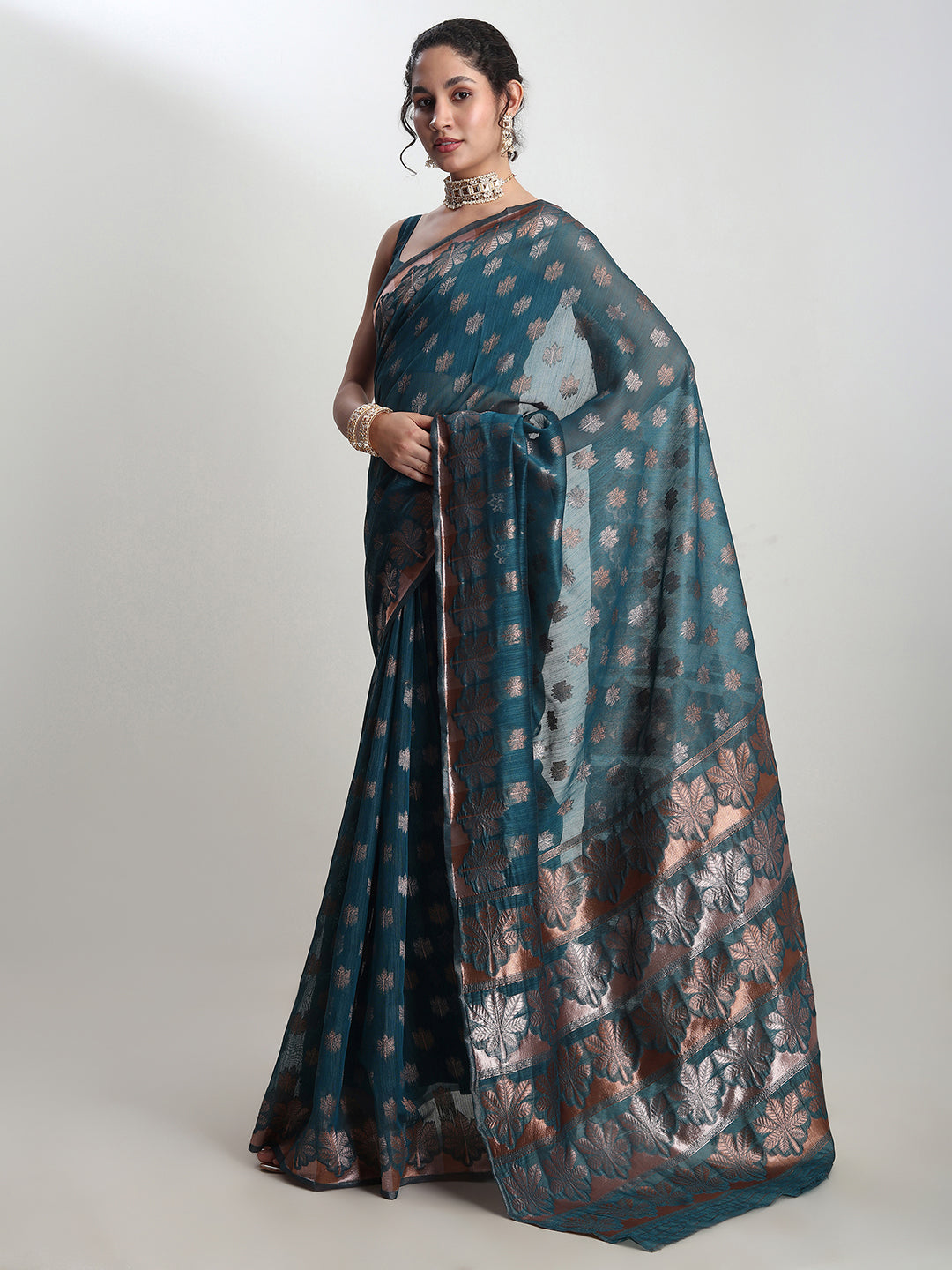 Janasya Women's Teal Blue Linen Blend Floral Woven Design Jacquard Saree with Blouse Piece
