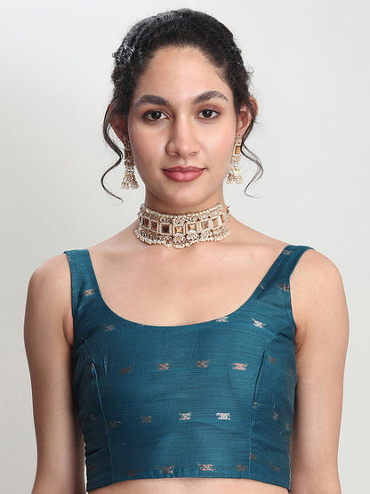 Janasya Women's Teal Blue Linen Blend Floral Woven Design Jacquard Saree with Blouse Piece