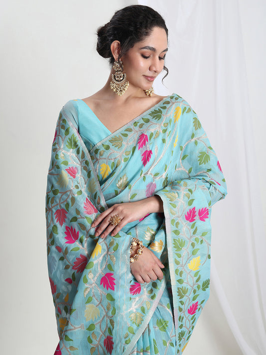Janasya Women's Sky Blue Silk Blend Floral Woven Design Jacquard Saree with Blouse Piece