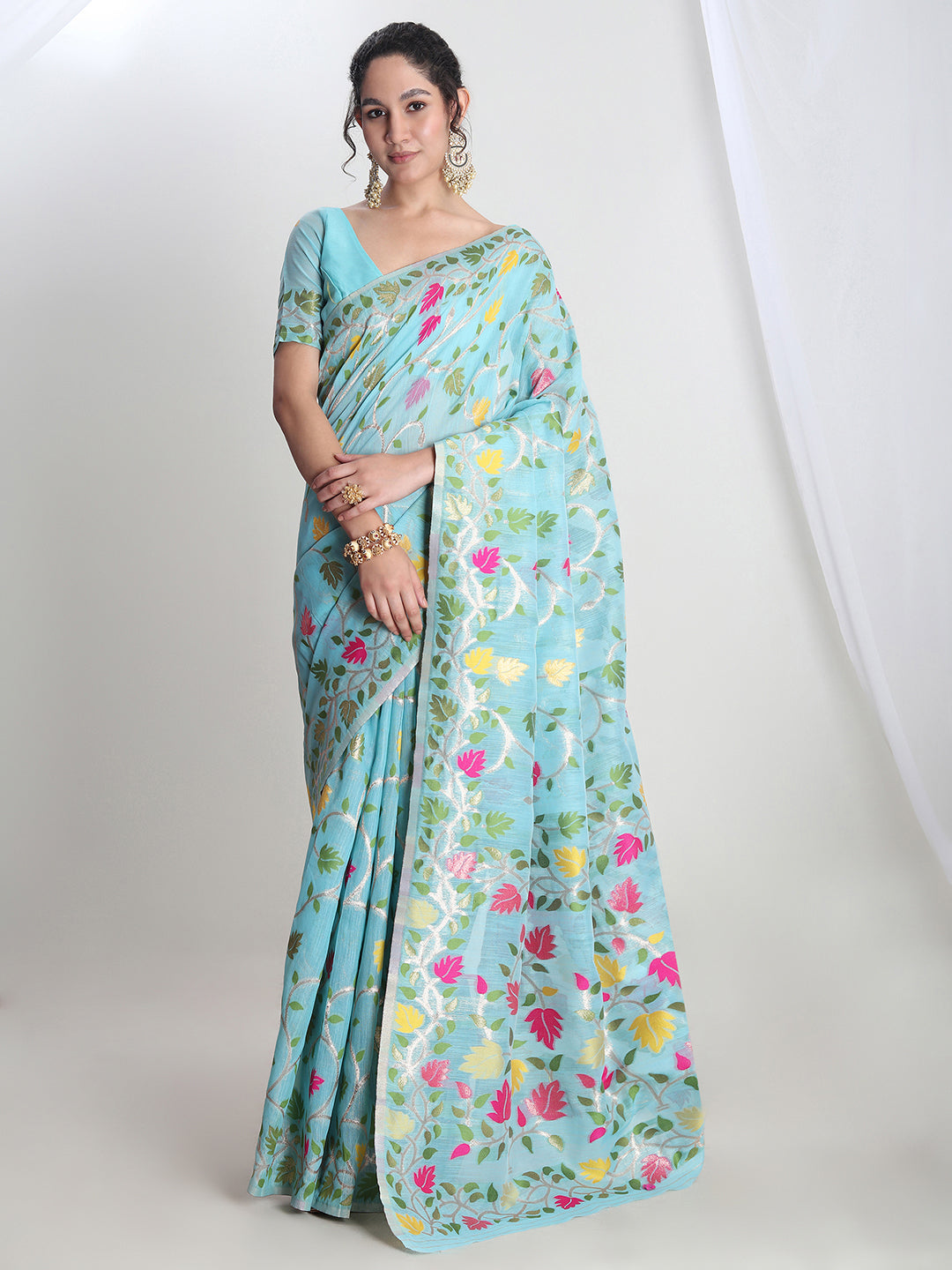 Janasya Women's Sky Blue Silk Blend Floral Woven Design Jacquard Saree with Blouse Piece