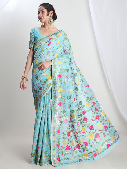 Janasya Women's Sky Blue Silk Blend Floral Woven Design Jacquard Saree with Blouse Piece