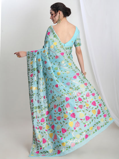 Janasya Women's Sky Blue Silk Blend Floral Woven Design Jacquard Saree with Blouse Piece