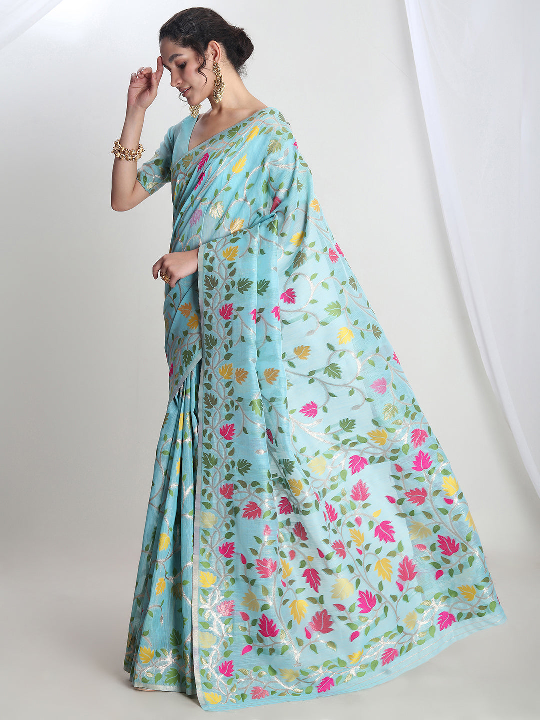 Janasya Women's Sky Blue Silk Blend Floral Woven Design Jacquard Saree with Blouse Piece