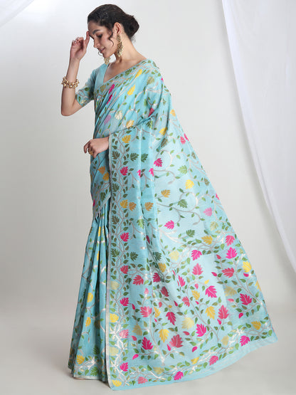 Janasya Women's Sky Blue Silk Blend Floral Woven Design Jacquard Saree with Blouse Piece
