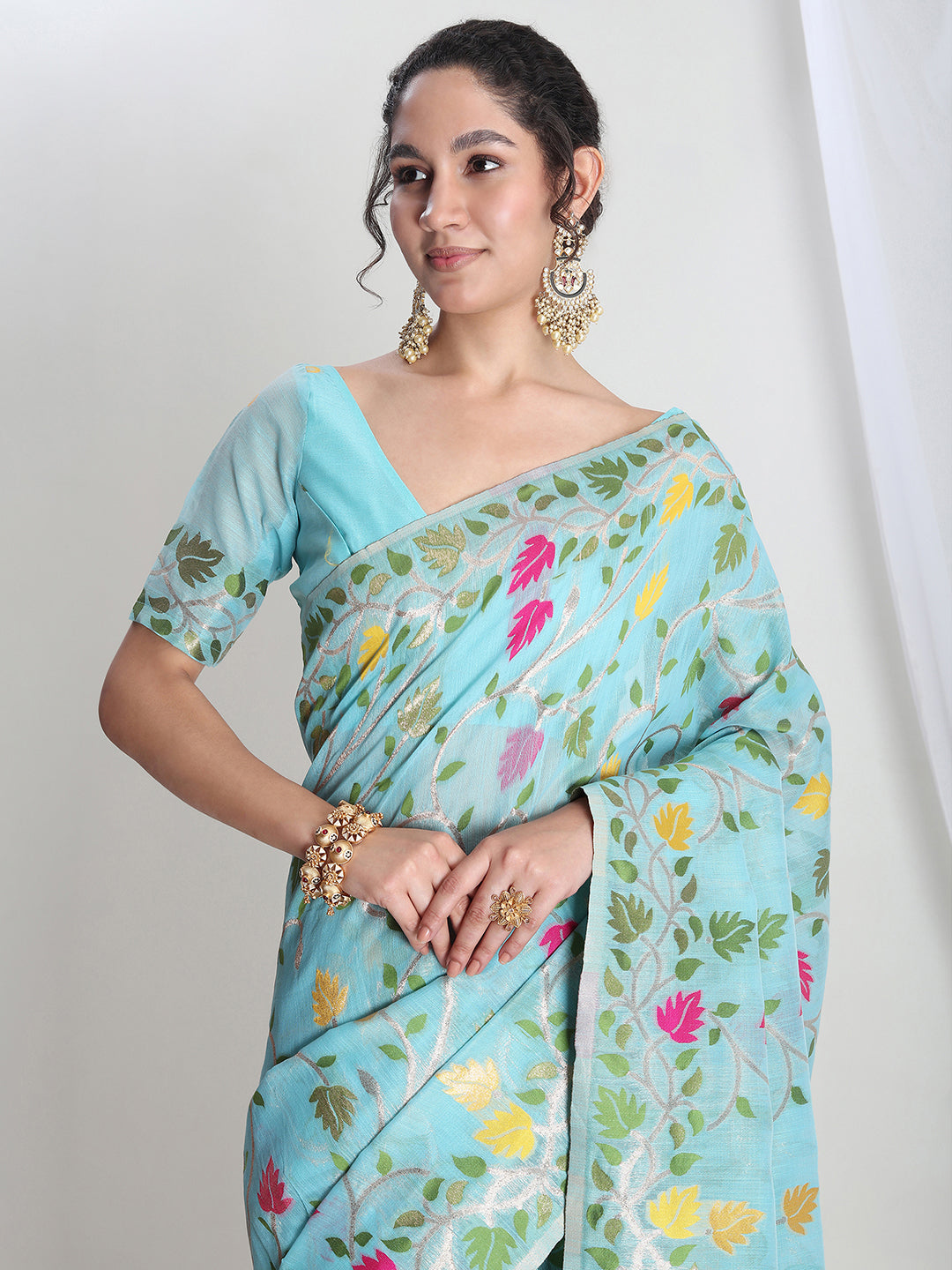 Janasya Women's Sky Blue Silk Blend Floral Woven Design Jacquard Saree with Blouse Piece