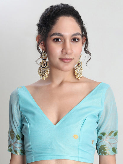 Janasya Women's Sky Blue Silk Blend Floral Woven Design Jacquard Saree with Blouse Piece