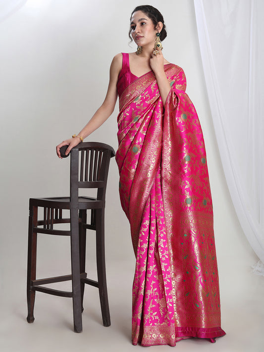 Janasya Women's Pink Silk Blend Floral Woven Design Jacquard Saree with Blouse Piece