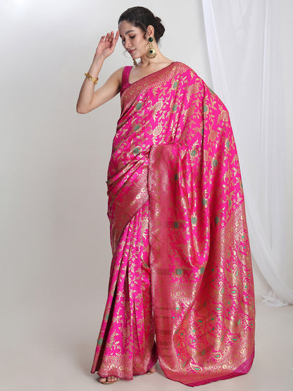 Janasya Women's Pink Silk Blend Floral Woven Design Jacquard Saree with Blouse Piece