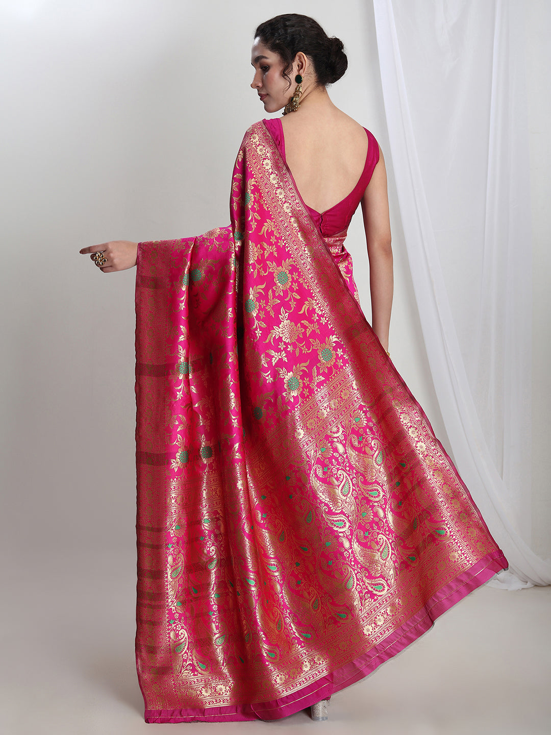Janasya Women's Pink Silk Blend Floral Woven Design Jacquard Saree with Blouse Piece