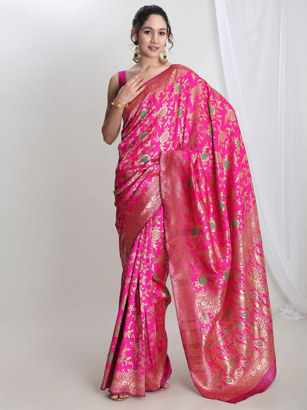 Janasya Women's Pink Silk Blend Floral Woven Design Jacquard Saree with Blouse Piece