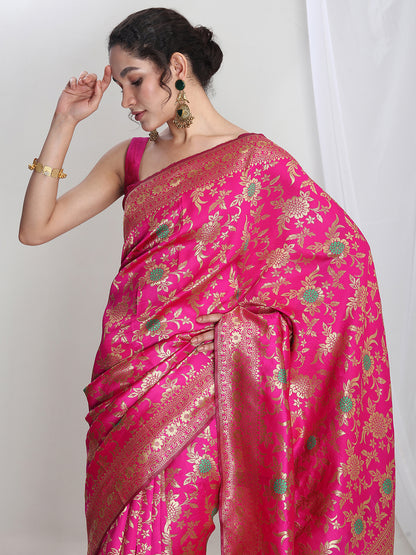 Janasya Women's Pink Silk Blend Floral Woven Design Jacquard Saree with Blouse Piece