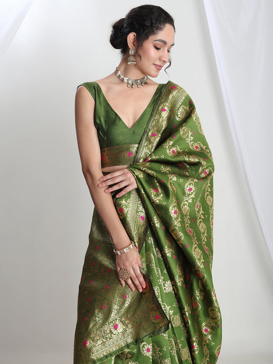 Janasya Women's Green Silk Blend Floral Woven Design Jacquard Saree with Blouse Piece