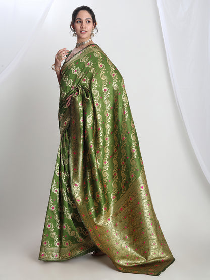 Janasya Women's Green Silk Blend Floral Woven Design Jacquard Saree with Blouse Piece
