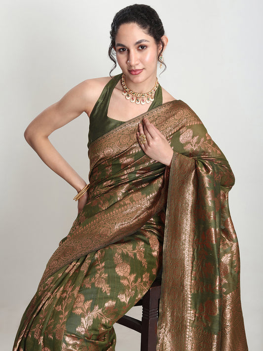 Janasya Women's Green Silk Blend Floral Woven Design Jacquard Saree with Blouse Piece
