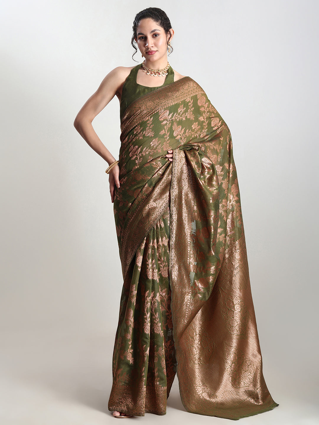 Janasya Women's Green Silk Blend Floral Woven Design Jacquard Saree with Blouse Piece